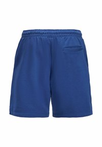 Blå sportshorts av mjukt material, med ett elastiskt midjeband och en bakficka med ett slitsöppning.