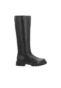 Schwarze Kniehohe Stiefel aus Leder mit glatter Außenseite, seitlichem Reißverschluss und einer robusten Gummisohle mit strukturiertem Grip-Muster.