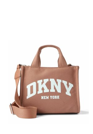 Small brown handbag with short handles and adjustable shoulder strap, featuring large white "DKNY New York" text on front.