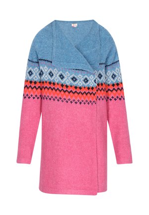 Cardigan dans des tons de bleu, rose et orange ; présente des motifs géométriques sur la partie supérieure. Fabriqué en matériau doux et texturé avec un design enroulé.