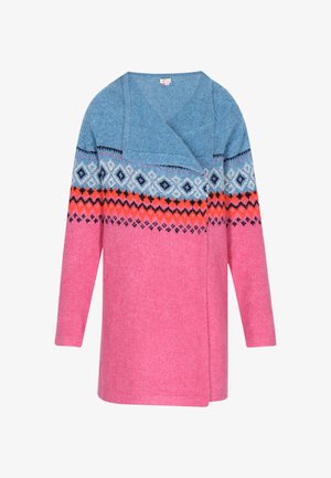 Cardigan in Blau-, Pink- und Orangetönen; mit geometrischen Mustern im oberen Bereich. Hergestellt aus weichem, strukturiertem Material mit einem gewickelten Design.