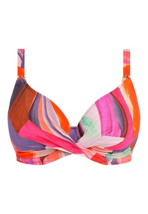 Bh met beugel in een multikleurig abstract patroon in tinten van roze, oranje en paars. Gladde stof met een gedraaide voorkant.