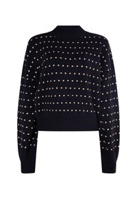 Pulover tricotat bleumarin cu guler înalt și croială scurtă. Prezintă modele de puncte texturate de culoare bej deschis distribuite uniform pe întreaga țesătură.