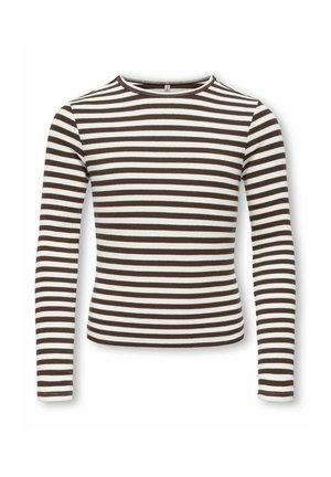 Chemise à manches longues avec des rayures horizontales noires et blanches et un col rond, présentée sur un fond uni.