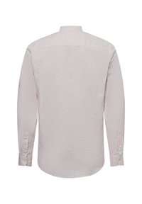 Langarmhemd aus hellem, rosa Stoff mit einer strukturierten Oberfläche. Verfügt über einen Bandkragen und geknöpfte Manschetten. Keine sichtbaren Muster oder Designs.