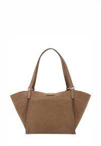 Brown suede tote bag with a structured design, elongated top, and dual shoulder straps. Features minimal hardware and clean lines.