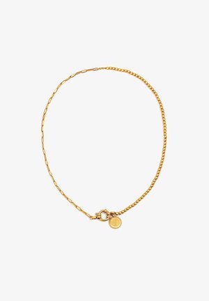 Collana in tono oro caratterizzata da una miscela di elementi allungati e piccole perline rotonde, con una chiusura circolare e un charm decorativo.