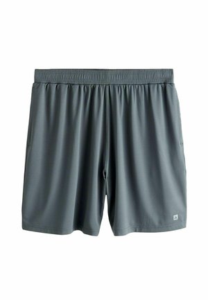 Férfi atlétikai rövidnadrág sötétszürke, könnyű, texturált anyagból; gumis derékpánttal és oldalzsebekkel rendelkezik.