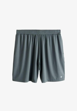 Férfi atlétikai rövidnadrág sötétszürke, könnyű, texturált anyagból; gumis derékpánttal és oldalzsebekkel rendelkezik.