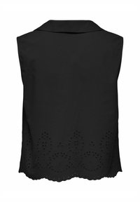 Blouse noire sans manches avec un col, présentant des détails brodés en œillets le long de l'ourlet et un tissu à texture lisse.