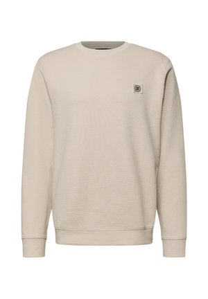 Lichtbeige sweatshirt van gestructureerd materiaal, met een ronde hals en lange mouwen. Opvallende vierkante logo patch op de borst.
