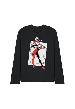 Black long-sleeve shirt with a graphic of Harley Quinn in red and black costume holding a mallet, standing in front of a playing card background.