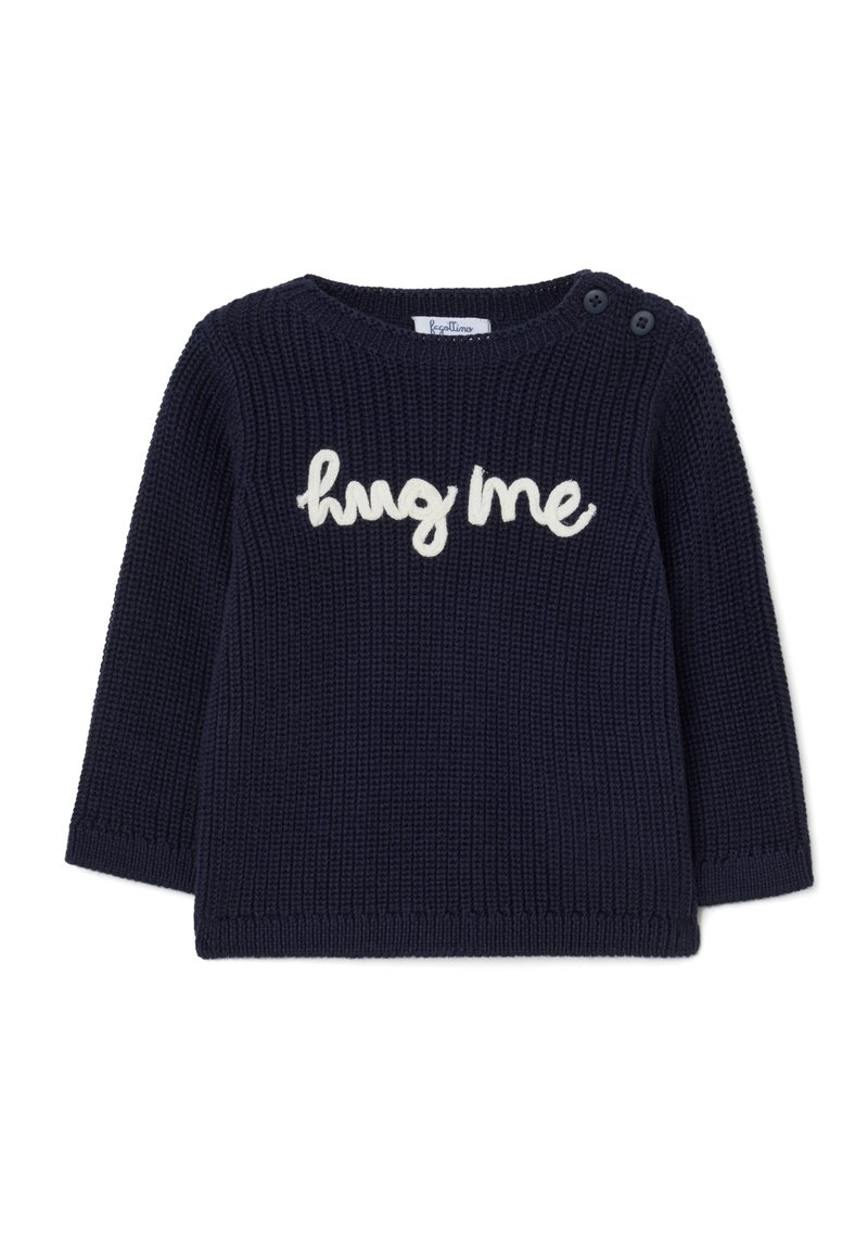 Maglione lavorato a maglia blu navy con maniche lunghe, colletto rotondo e testo decorativo "abbracciami" in bianco. Presenta due bottoni sulla spalla.