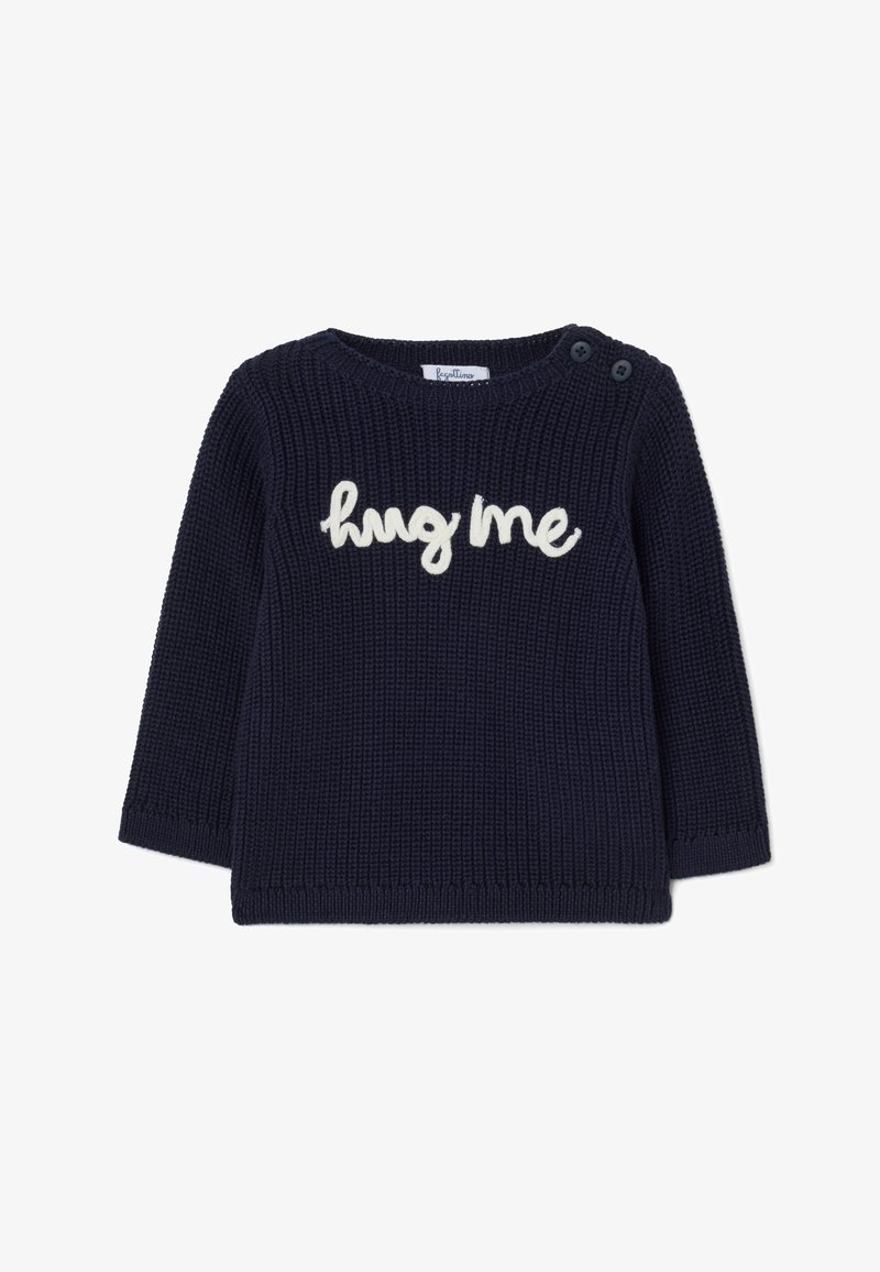 Maglione lavorato a maglia blu navy con maniche lunghe, colletto rotondo e testo decorativo "abbracciami" in bianco. Presenta due bottoni sulla spalla.