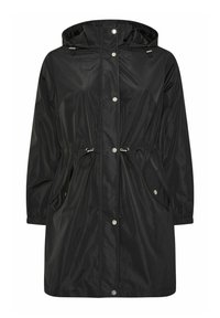 Giacca impermeabile nera con cappuccio, vita regolabile con cordino e chiusure a pressione. Presenta due tasche angolate e maniche elastiche. Texture liscia.