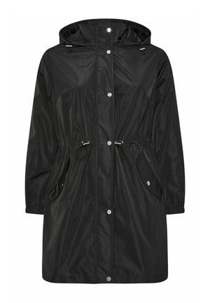 Zwarte waterdichte jas met een capuchon, trekkoord in de taille en drukknoopsluitingen. Voorzien van twee schuin geplaatste zakken en elastische manchetten. Gladde textuur.