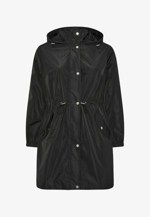 Mustat vedenpitävät takki hupulla, naru vyötäröllä ja napit. Ominaisuuksiin kuuluu kaksi kulmaa kohti avautuvaa taskua ja elastiset hihansuut. Sileä pinta.