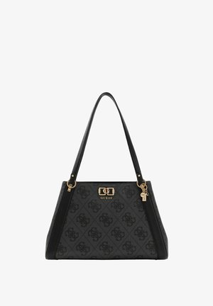 Sac à main noir avec deux anses, présentant un motif texturé et une quincaillerie dorée. Plaque de logo notable et un porte-clés en accent.