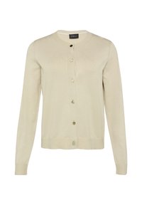 Beige-langärmeliges Cardigan aus weichem Strickmaterial, mit Rundhalsausschnitt, durchgehender Knopfleiste und gerippten Bündchen sowie Saum.