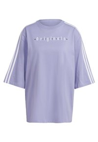 T-shirt oversized lilas en coton doux, avec des détails à trois bandes blanches sur les manches et le texte brodé "Originals" sur la poitrine.