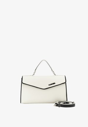 Sac à main rectangulaire blanc avec garniture noire, poignée supérieure, logo "Calvinair" et bandoulière noire amovible enroulée à côté.