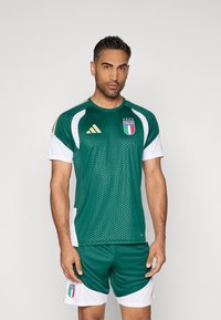 Camisa de desporto verde com detalhes brancos e dourados. Apresenta o emblema da bandeira italiana e uma textura em malha. Acompanhada de calções combinando.