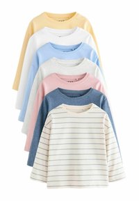 Set van zeven T-shirts met lange mouwen in verschillende kleuren: geel, wit, lichtblauw, grijs, roze, donkerblauw en crème met dunne strepen. Katoenmengsel.