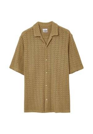 Camicetta a maniche corte color marrone chiaro con un design a maglia tessuta, motivo a trame aperte e colletto con chiusura a bottoni.