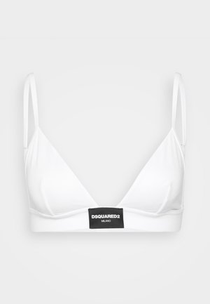 Bralette triangulaire blanc avec des bretelles fines et ajustables, en tissu blanc uni, et une étiquette noire affichant "DSQUARED2 MILANO" à la base.