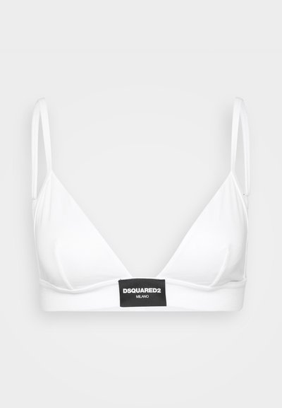 Bralette bianco a forma triangolare con spalline sottili e regolabili, in tessuto bianco solido, e un'etichetta nera con la scritta 'DSQUARED2 MILANO' alla base.