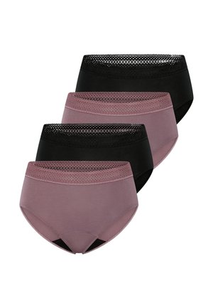 Cuatro bragas de mujer en colores negro y malva alternos, cada una con una cinturilla ancha de encaje y diseño de cobertura completa.