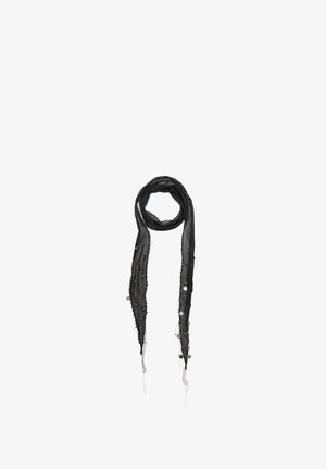 Sort, gennemsigtig tørklæde med et struktureret design, udsmykket med sølv- og hvide dekorative perler langs kanterne og frynset ender.