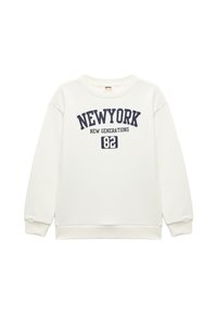 Felpa bianca con testo navy che recita "NEW YORK NEW GENERATIONS 82." Presenta un collo rotondo e polsini e orlo a costine. Tessuto morbido.