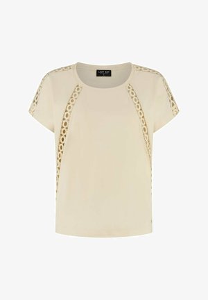 Beige blouse met korte mouwen, een ronde halslijn en decoratieve kanten panelen langs de schouders en zijkanten aan de voorkant, maat small.