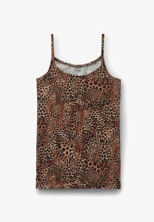 Mouwloze tanktop met luipaardprint en dunne schouderbandjes in tinten bruin, zwart en beige op een witte achtergrond.