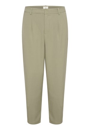 Light olive green, tailored trousers with a straight fit, featuring two front pleats, side pockets, and a smooth texture.