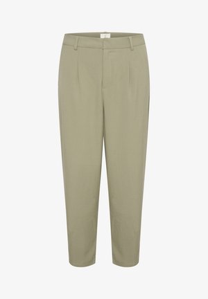 Lys olivengrønne, skræddersyede bukser med lige pasform, der har to frontfolder, sidelommer og en glat tekstur.