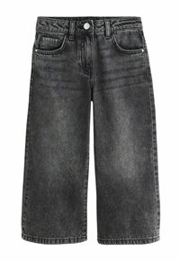 Mustat denimpituiset culottes vapaalla istuvuudella, joissa on korkea vyötärö, etutaskut ja hienovarainen kuluminen. Siisti helma ja tukevat saumat.