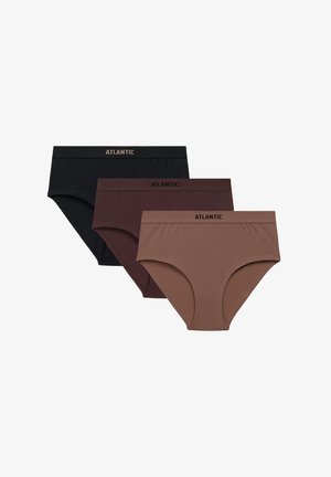 Trzy pary damskich majtek w kolorach czarnym, ciemnobrązowym i jasnobrązowym, wykonane z gładkiej tkaniny, z elastycznym pasem z logo.