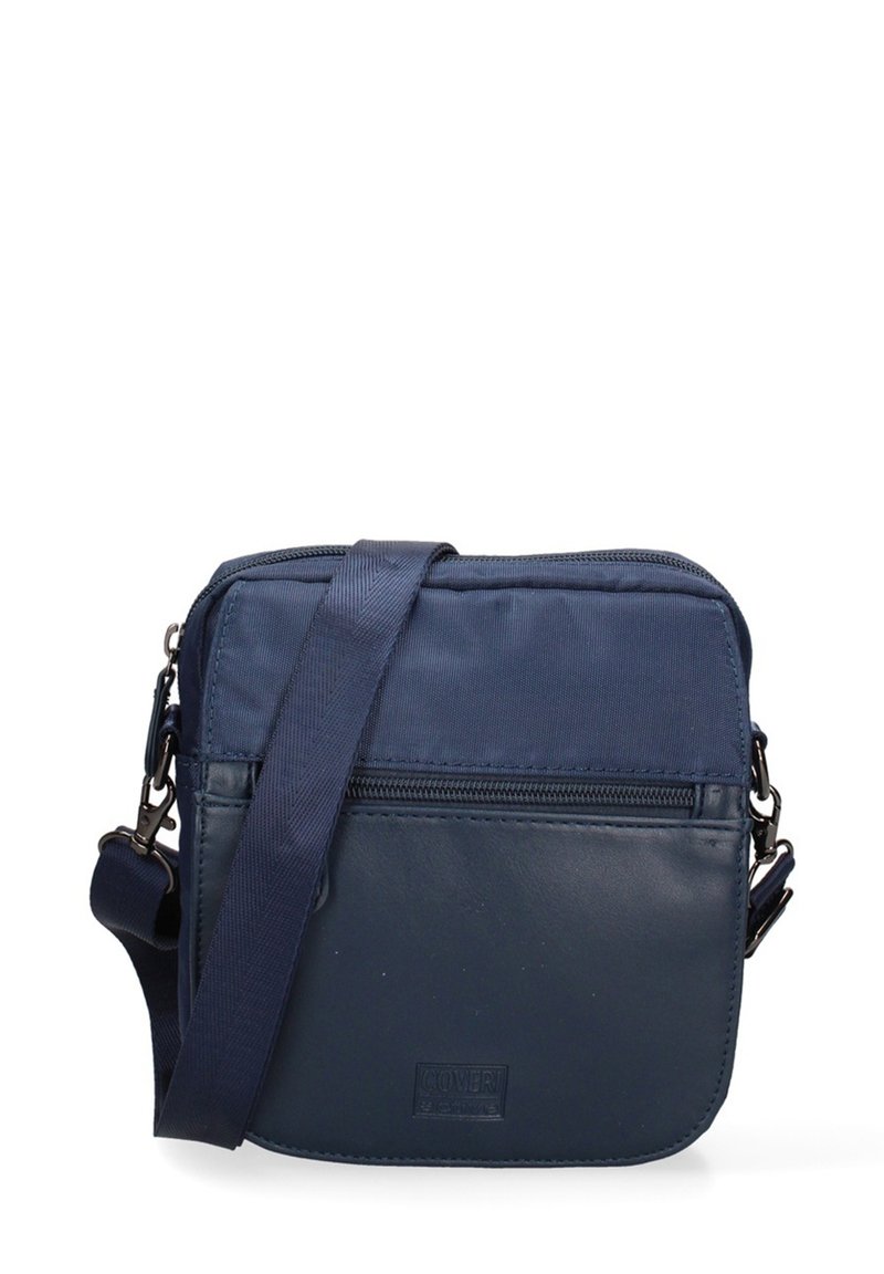 Borsa a tracolla blu navy con un mix di tessuto liscio e texturizzato, tracolla regolabile, tasca frontale con zip e dettaglio del logo.