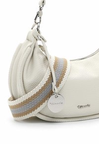 White leather handbag with a textured finish, featuring a multicolored woven strap and a silver logo tag. Zipper closure on top.