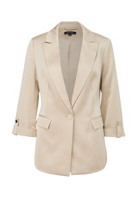 Beige blazer made of smooth fabric, featuring a notched lapel, single button closure, two front pockets, and rolled-up sleeves.
