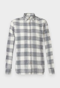 Πουκάμισο με μακριά μανίκια σε σχέδιο καρό, σε αποχρώσεις κρέμας και ναυτικού μπλε, κατασκευασμένο από υφασμάτινη υφή, με εμπρός κλείσιμο με κουμπιά και κλασικό γιακά.