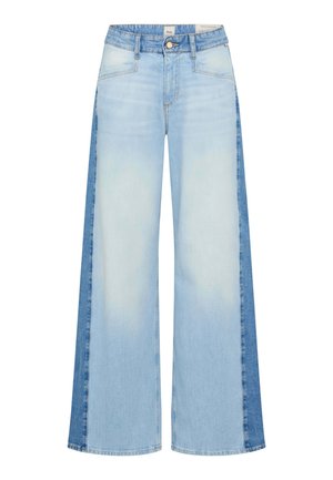 Jeans a gamba larga con vita alta, con pannelli frontali azzurri chiari e laterali blu più scuri, dotati di tasche frontali e chiusura con bottone.
