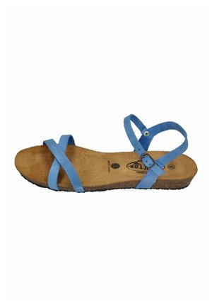Blue leather sandal with cork sole, cross straps over toes, ankle strap with buckle, and textured brown footbed.
