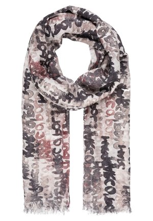 Leichter Schal mit abstrakten Pinselstrichmustern in Schwarz, Grau und Burgund sowie fransigen Rändern, auf weißem Hintergrund in Schlaufe dargestellt.