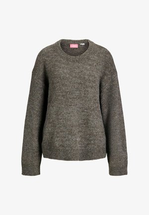 Pull marron en maille, à manches longues et col rond, coupe légèrement ample, avec poignets et ourlet côtelés.