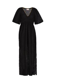 Abito maxi nero a maniche corte con scollatura a V, caratterizzato da un motivo testurizzato e da una vita arricciata per una silhouette fluida.