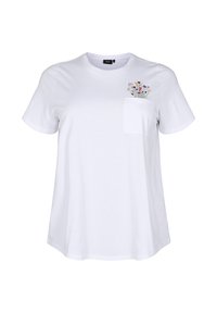 Bílé bavlněné tričko s krátkým rukávem, kulatým výstřihem a kapsou na levé straně, zdobené barevnou květinovou výšivkou na kapse.