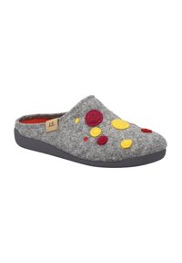 Grå filt hjemmesko med et broderet design, der har røde og gule prikker. Blød tekstur, slip-on stil og en sort gummisål.